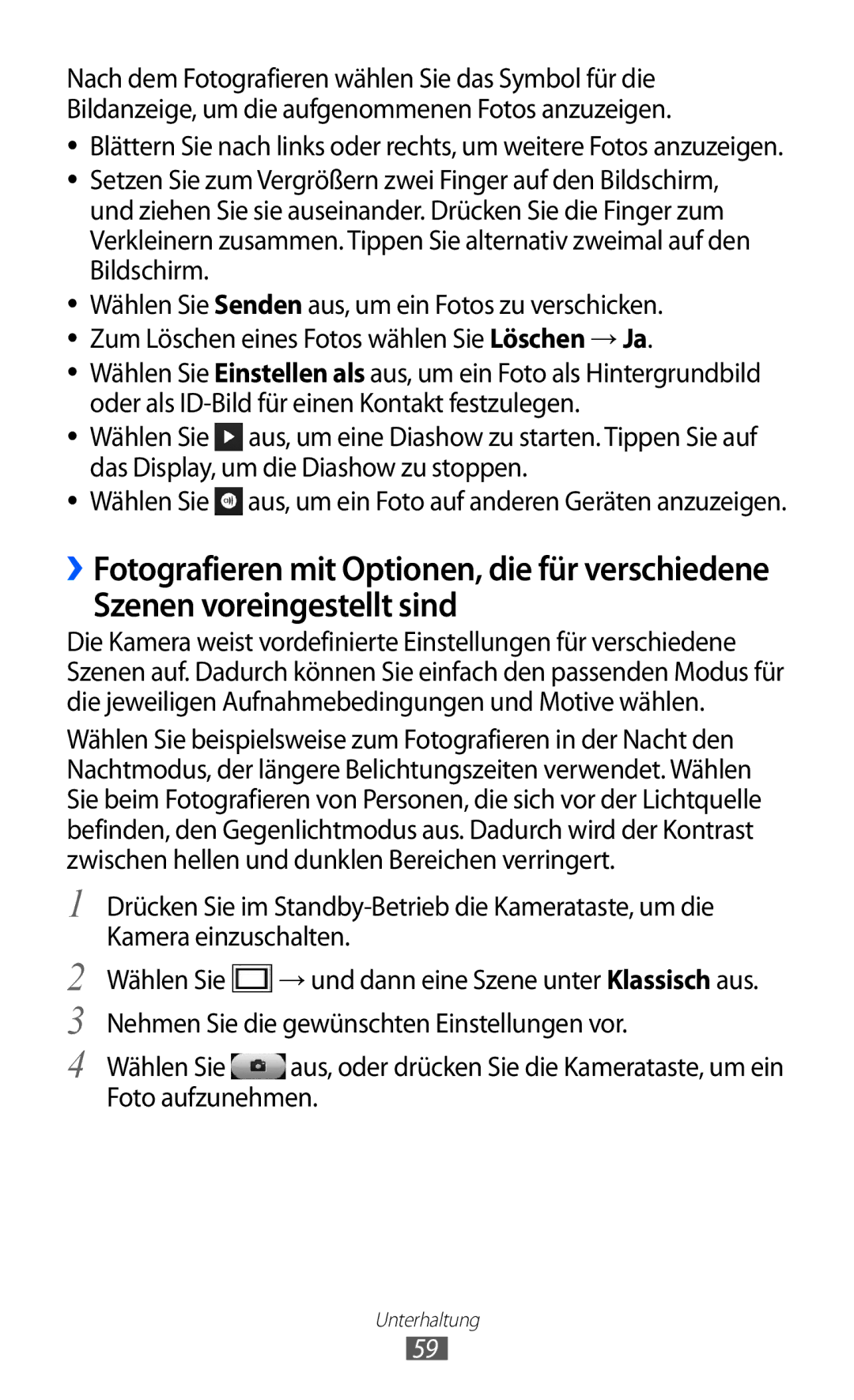 Samsung GT-S8530ISADBT, GT-S8530ISAVIA, GT-S8530HKAEPL, GT-S8530HKADBT, GT-S8530BAAVIA manual Szenen voreingestellt sind 