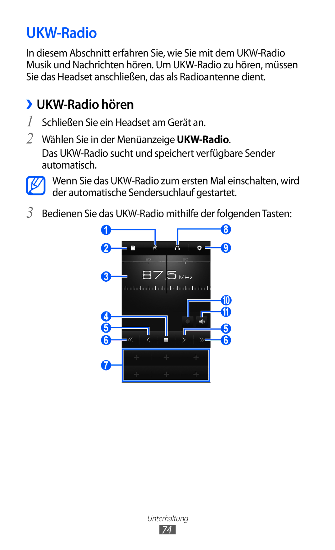 Samsung GT-S8530ISADBT, GT-S8530ISAVIA ››UKW-Radio hören, Bedienen Sie das UKW-Radio mithilfe der folgenden Tasten 