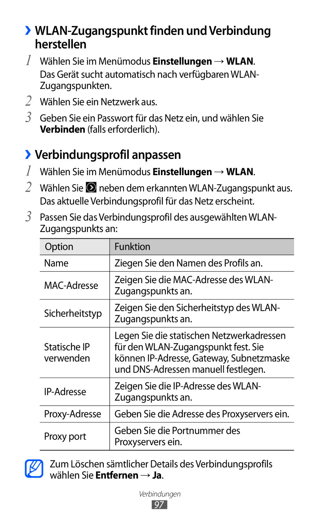 Samsung GT-S8530BAAEPL, GT-S8530ISAVIA ››WLAN-Zugangspunkt finden und Verbindung herstellen, ››Verbindungsprofil anpassen 