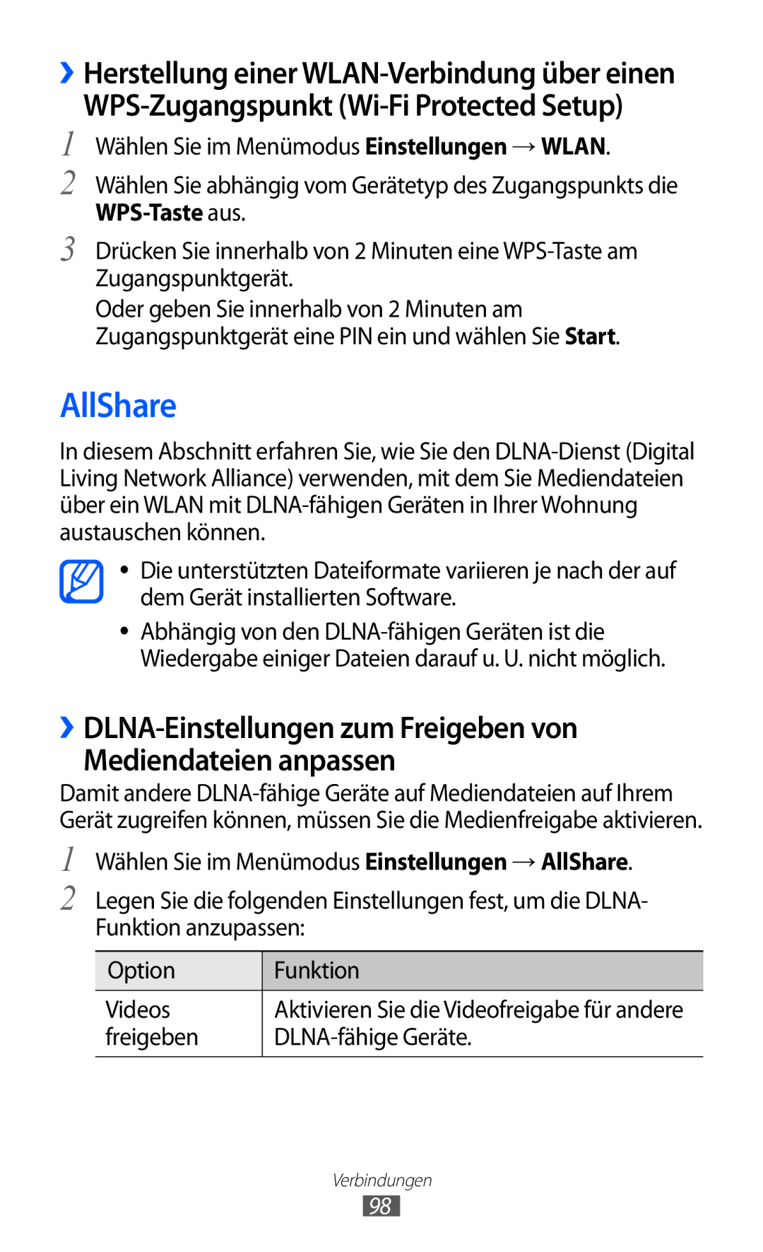 Samsung GT-S8530BAADTM, GT-S8530ISAVIA manual AllShare, WPS-Zugangspunkt Wi-Fi Protected Setup, Freigeben DLNA-fähige Geräte 