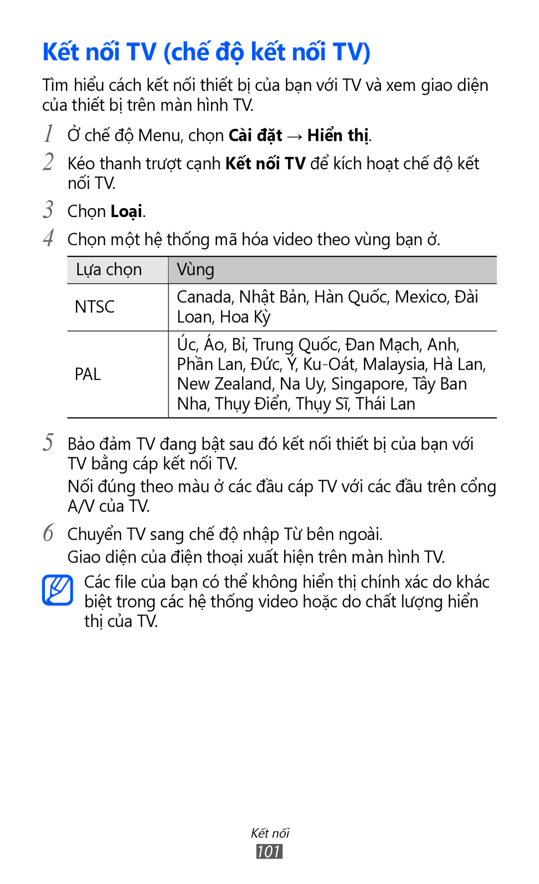 Samsung GT-S8530BAAXEV, GT-S8530ISAXEV, GT-S8530LIAXXV, GT-S8530BAAXSA, GT-S8530LIAXEV manual Kết nối TV chế độ kết nối TV, Pal 