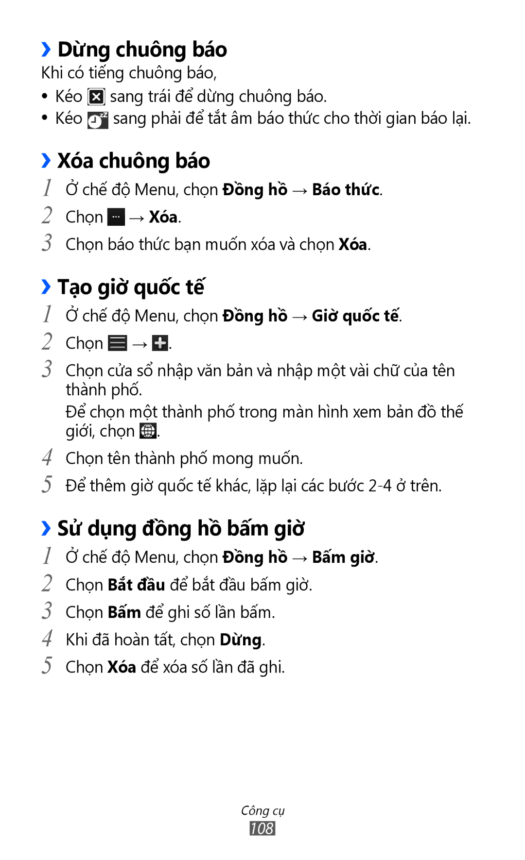 Samsung GT-S8530ISAXEV, GT-S8530LIAXXV ››Dừng chuông báo, ››Xóa chuông báo, Tạo giờ quốc tế, ››Sử dụng đồng hồ bấm giờ 