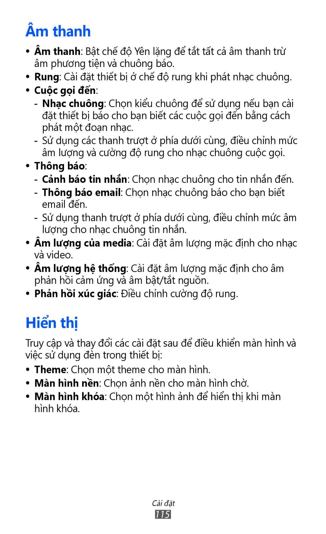 Samsung GT-S8530HKAXEV, GT-S8530ISAXEV, GT-S8530LIAXXV, GT-S8530BAAXEV, GT-S8530BAAXSA manual Âm thanh, Hiên thi, Thông báo 