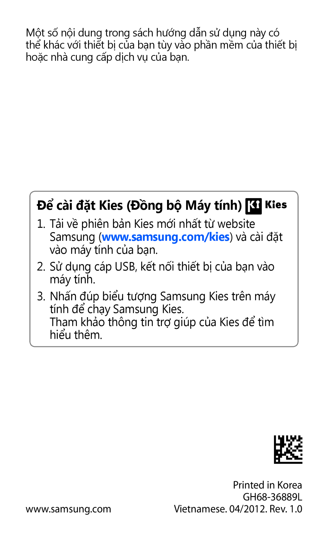 Samsung GT-S8530BAAXSA, GT-S8530ISAXEV, GT-S8530LIAXXV, GT-S8530BAAXEV, GT-S8530LIAXEV manual Để cài đặt Kies Đồng bộ Máy tính 