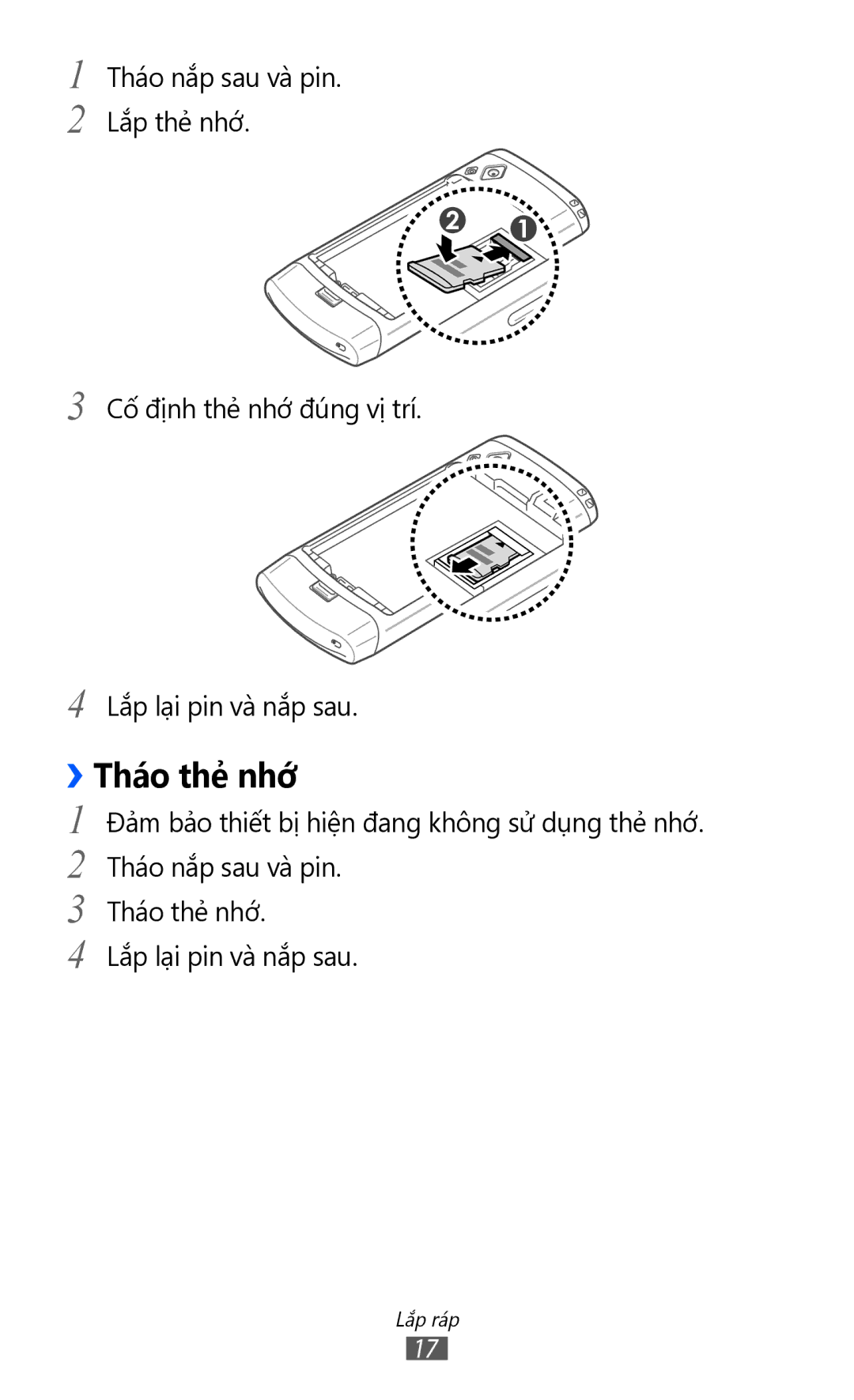 Samsung GT-S8530ISAXXV, GT-S8530ISAXEV, GT-S8530LIAXXV, GT-S8530BAAXEV, GT-S8530BAAXSA, GT-S8530LIAXEV manual ››Tháo thẻ nhớ 