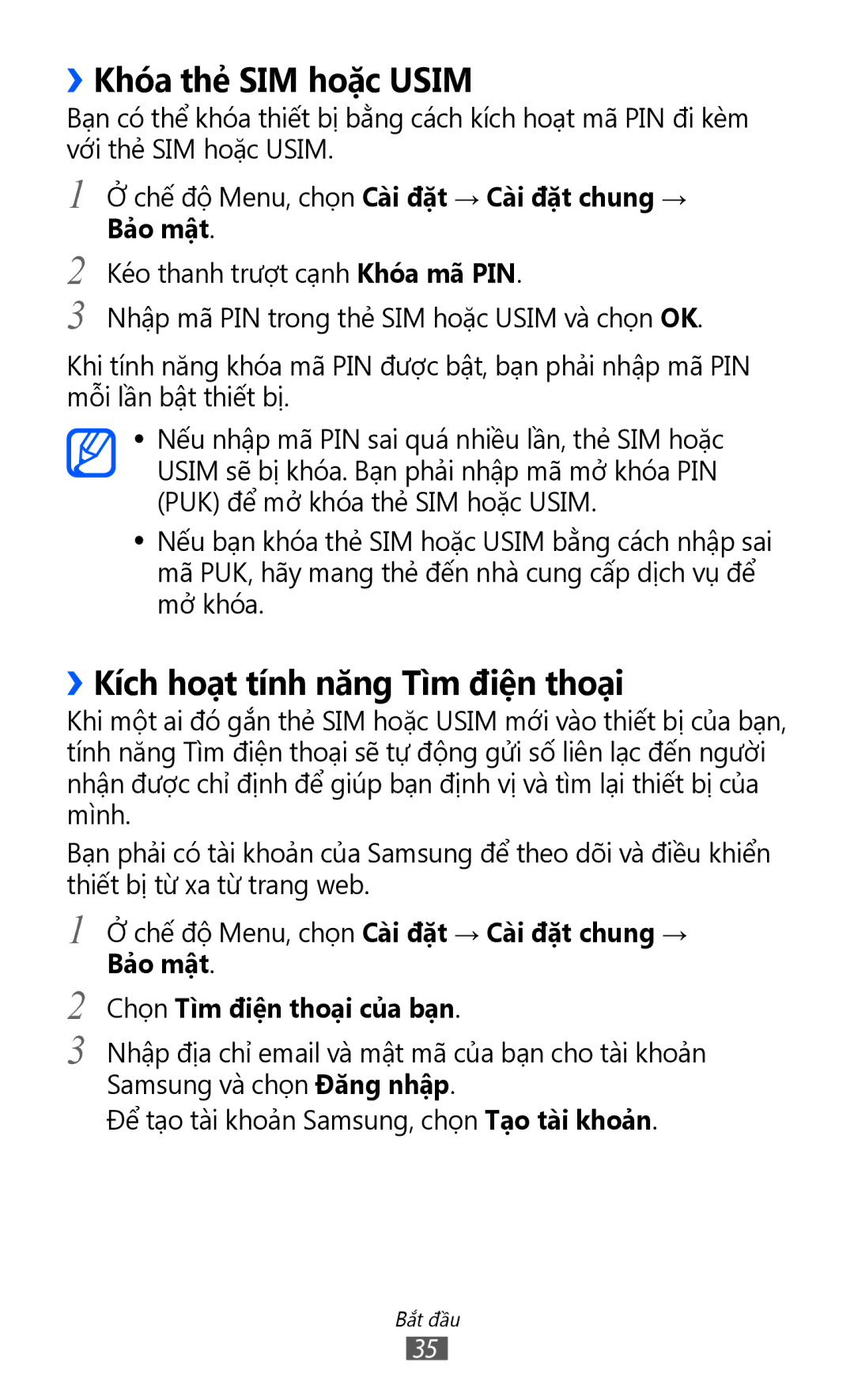 Samsung GT-S8530ISAXXV, GT-S8530ISAXEV, GT-S8530LIAXXV manual ››Khóa thẻ SIM hoặc Usim, ››Kích hoạt tính năng Tìm điện thoại 