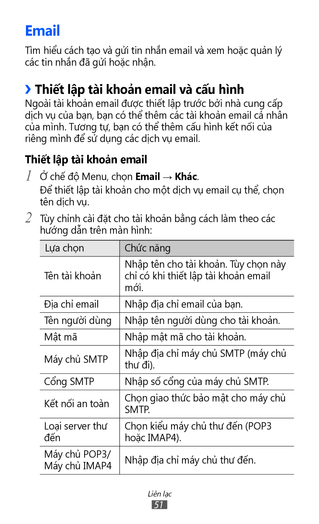 Samsung GT-S8530BAAXXV, GT-S8530ISAXEV, GT-S8530LIAXXV, GT-S8530BAAXEV manual ››Thiết lập tài khoản email và cấu hình 