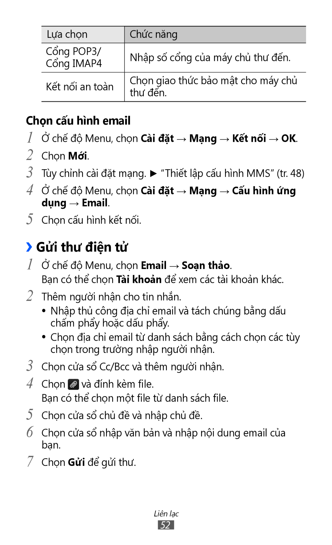 Samsung GT-S8530HKAXEV, GT-S8530ISAXEV manual ››Gửi thư điện tử, Chế độ Menu, chọn Cài đặt → Mạng → Kết nối → OK Chọn Mới 