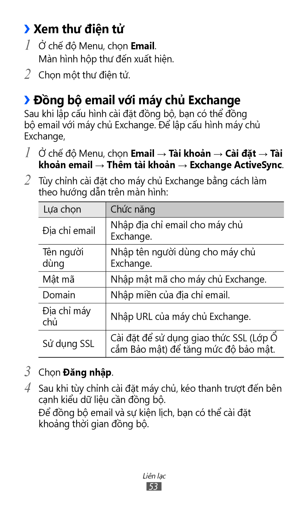 Samsung GT-S8530ISAXXV, GT-S8530ISAXEV manual ››Xem thư điện tử, ››Đồng bộ email với máy chủ Exchange, Chọn Đăng nhập 