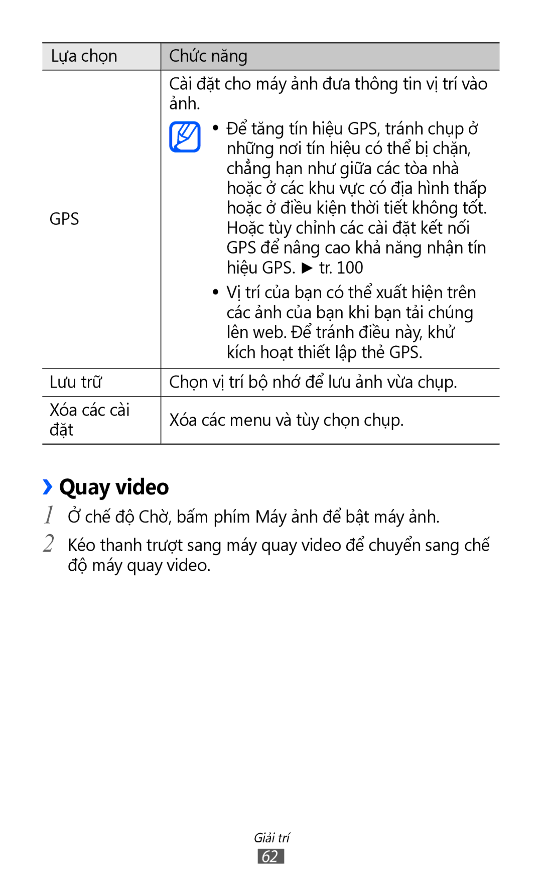 Samsung GT-S8530ISAXXV, GT-S8530ISAXEV, GT-S8530LIAXXV, GT-S8530BAAXEV, GT-S8530BAAXSA, GT-S8530LIAXEV manual ››Quay video 