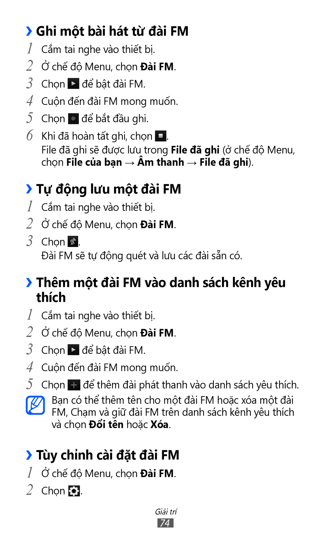 Samsung GT-S8530BAAXEV, GT-S8530ISAXEV ››Ghi một bài hát từ đài FM, ››Tự động lưu một đài FM, ››Tùy chỉnh cài đặt đài FM 