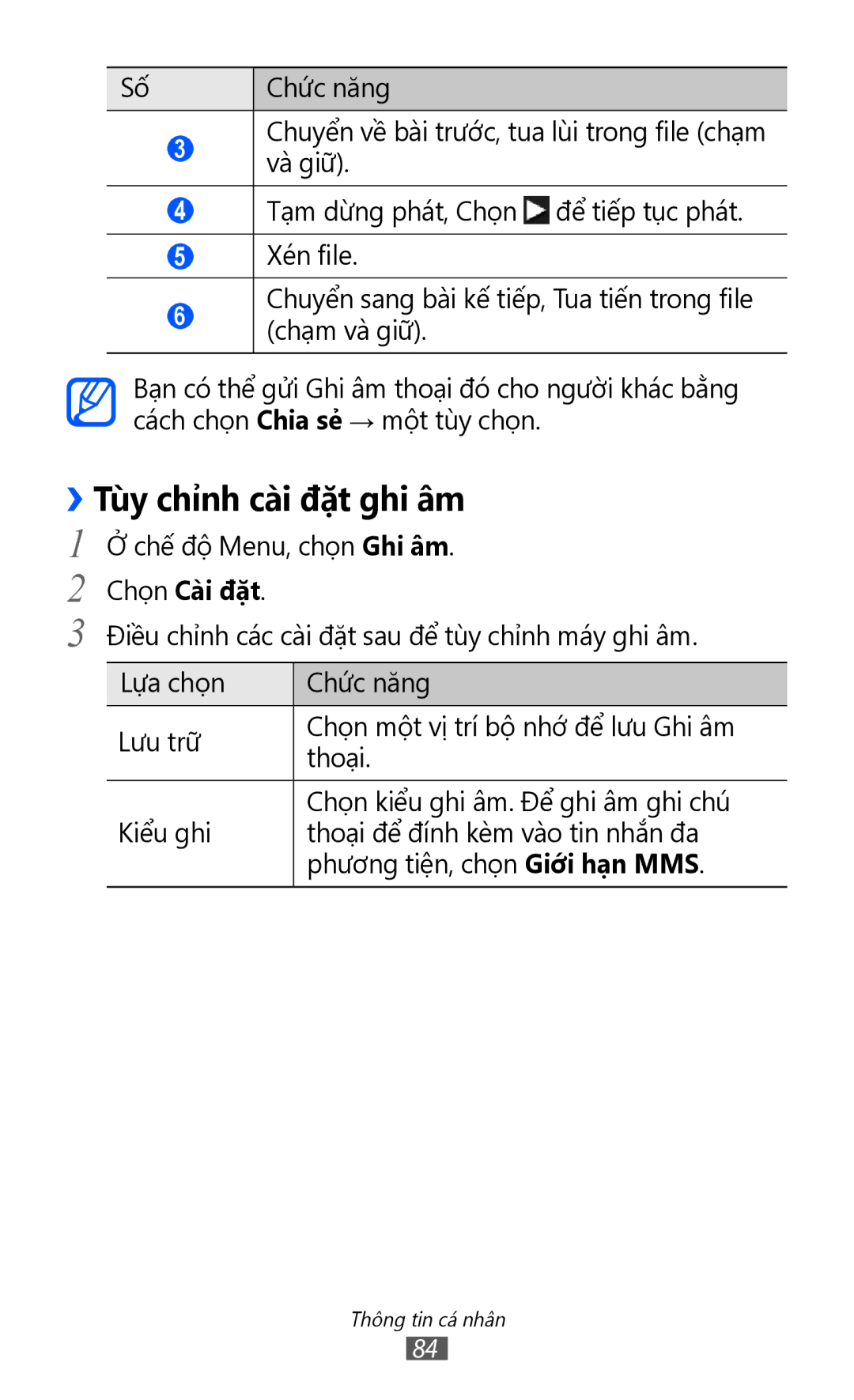 Samsung GT-S8530BAAXSA, GT-S8530ISAXEV, GT-S8530LIAXXV, GT-S8530BAAXEV, GT-S8530LIAXEV manual ››Tùy chỉnh cài đặt ghi âm 