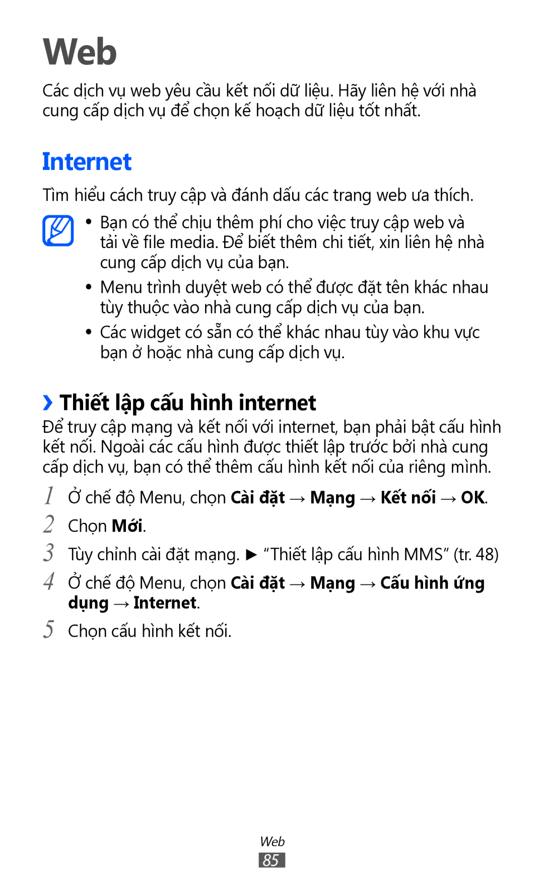 Samsung GT-S8530LIAXEV, GT-S8530ISAXEV, GT-S8530LIAXXV, GT-S8530BAAXEV manual Web, Internet, ››Thiết lập cấu hình internet 