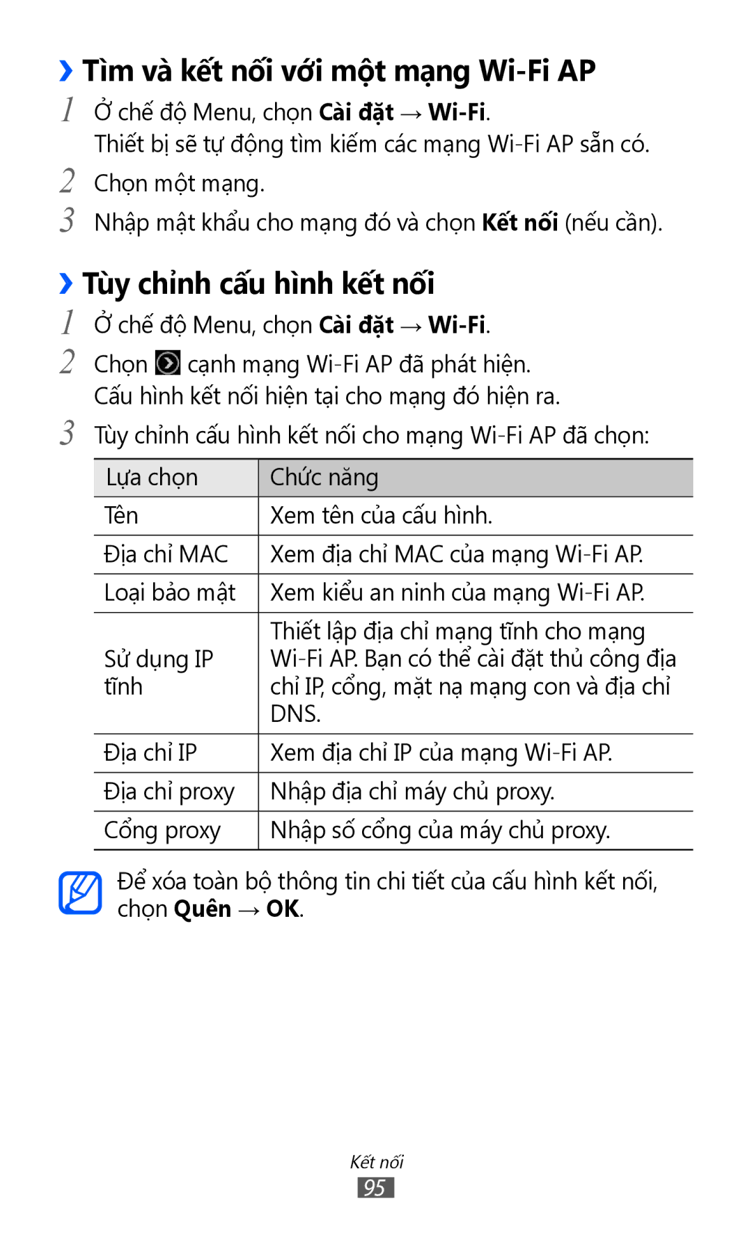 Samsung GT-S8530HKAXXV, GT-S8530ISAXEV, GT-S8530LIAXXV ››Tìm và kết nối với một mạng Wi-Fi AP, ››Tùy chỉnh cấu hình kết nối 