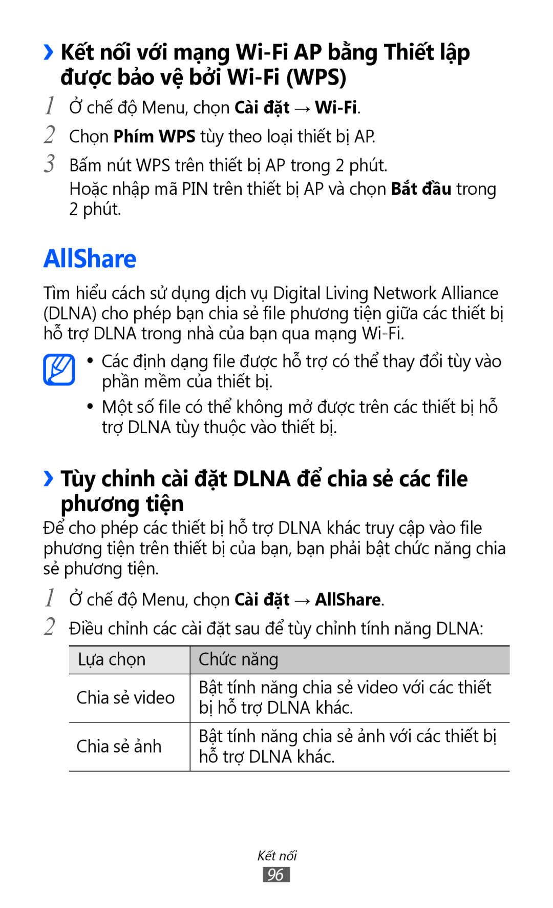 Samsung GT-S8530BAAXXV, GT-S8530ISAXEV, GT-S8530LIAXXV AllShare, ››Tùy chỉnh cài đặt Dlna để chia sẻ các file phương tiện 