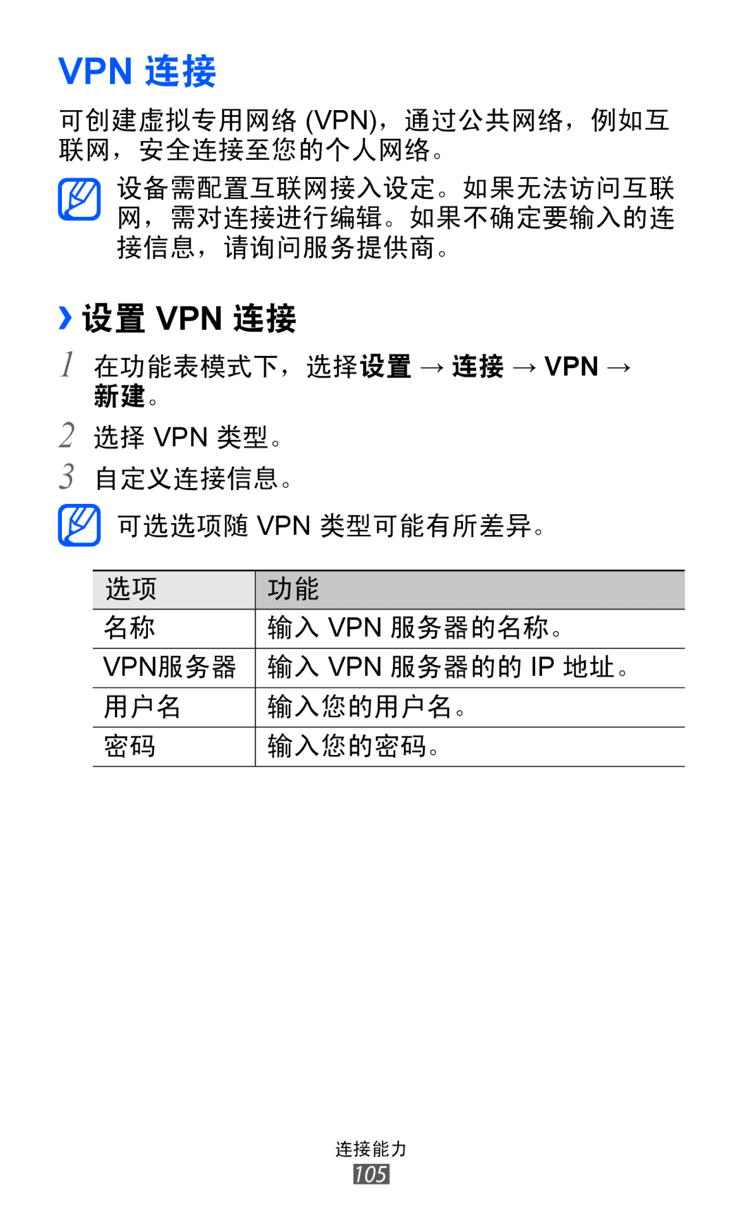 Samsung GT-S8530BAAXXV, GT-S8530ISAXEV, GT-S8530LIAXXV, GT-S8530BAAXEV, GT-S8530BAAXSA, GT-S8530LIAXEV manual ››设置 Vpn 连接 