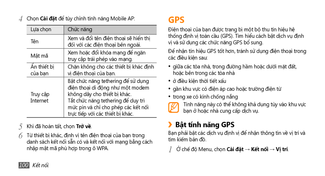 Samsung GT-S8530BAAXEV, GT-S8530ISAXEV, GT-S8530LIAXXV ››Bật tính năng GPS, Nhập mật mã phù hợp trong ô WPA, 100 Kết nối 