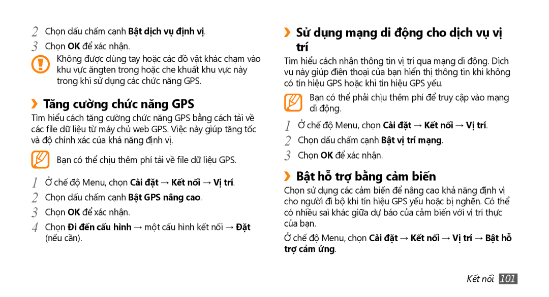 Samsung GT-S8530BAAXSA, GT-S8530ISAXEV manual ››Tăng cườ̀ng chứ́c năng GPS, ››Sử dụng mạng di động cho dịch vụ vị trí 