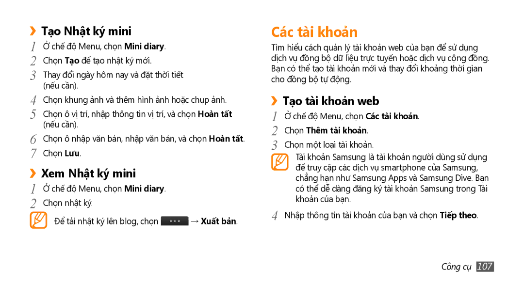 Samsung GT-S8530ISAXEV, GT-S8530LIAXXV manual Cac tai khoản, Tạo Nhật ký mini, Xem Nhật ký mini, Tạo tài khoả̉n web 