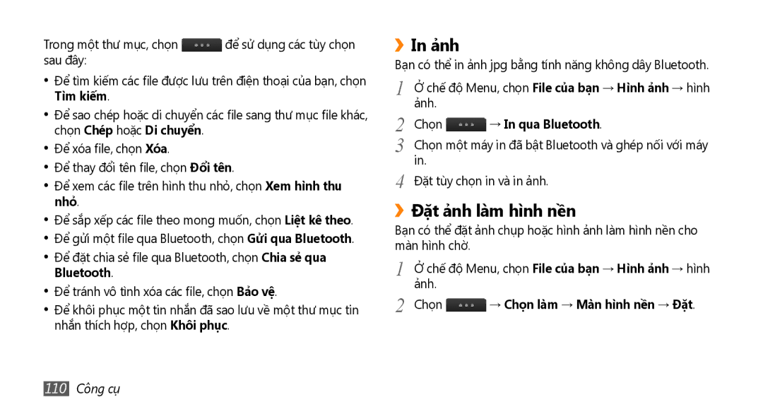 Samsung GT-S8530BAAXSA manual ››In ả̉nh, ››Đặt ả̉nh làm hì̀nh nền, → In qua Bluetooth, → Chọn làm → Màn hì̀nh nền → Đặt 