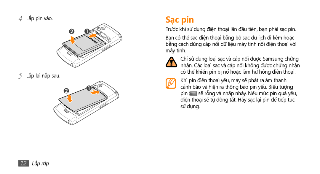 Samsung GT-S8530LIAXEV, GT-S8530ISAXEV, GT-S8530LIAXXV, GT-S8530BAAXEV manual Sạc pin, Lắp pin vào Lắp lại nắp sau, 12 Lắp ráp 