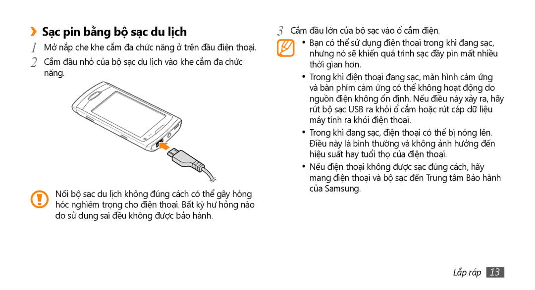 Samsung GT-S8530HKAXXV, GT-S8530ISAXEV, GT-S8530LIAXXV, GT-S8530BAAXEV, GT-S8530BAAXSA manual Sạc pin bằng bộ sạc du lịch 