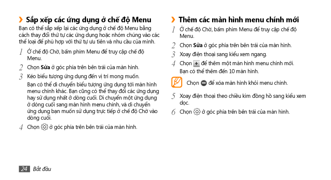 Samsung GT-S8530HKAXEV manual ››Sắp xế́p các ứ́ng dụng ở chế́ độ Menu, Thêm các màn hì̀nh menu chính mới, 24 Bắt đầu 