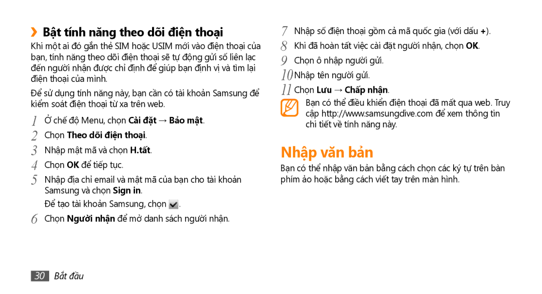 Samsung GT-S8530LIAXEV manual Nhập văn bả̉n, ››Bật tính năng theo dõi điệ̣n thoại, Chọn Theo dõi điệ̣n thoại, 30 Bắt đầu 