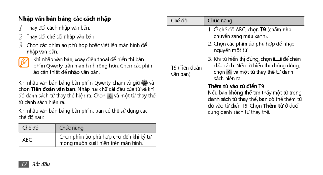 Samsung GT-S8530BAAXXV, GT-S8530ISAXEV, GT-S8530LIAXXV Nhập văn bả̉n bằng các cách nhập, Thêm từ vào từ điển T9, 32 Bắt đầu 