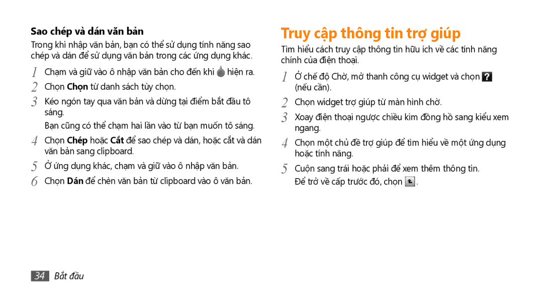 Samsung GT-S8530ISAXXV, GT-S8530ISAXEV, GT-S8530LIAXXV Truy cập thông tin trợ giúp, Sao chép và dán văn bả̉n, 34 Bắt đầu 