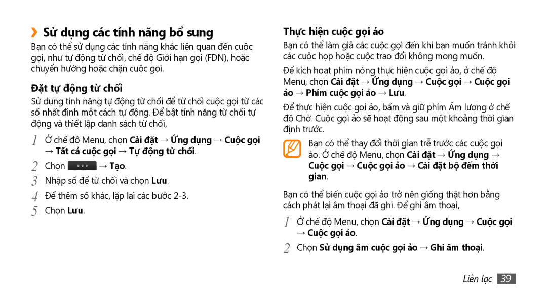 Samsung GT-S8530LIAXEV manual ››Sử dụng các tính năng bổ sung, Đặt tự động từ chố́i, Thực hiệ̣n cuộc gọi ả̉o, → Tạo 