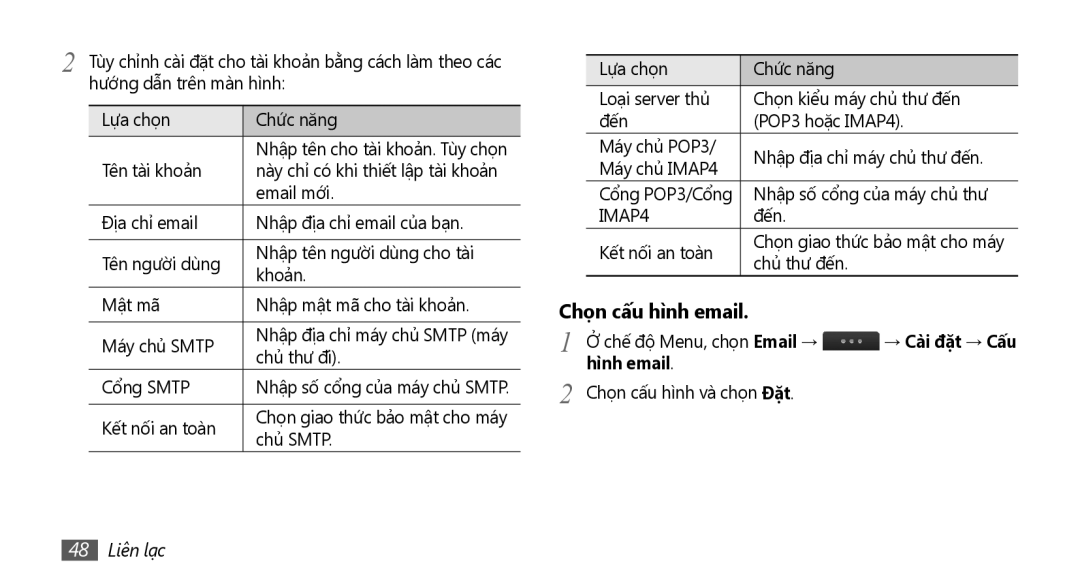 Samsung GT-S8530LIAXEV, GT-S8530ISAXEV, GT-S8530LIAXXV, GT-S8530BAAXEV manual Chọn cấu hì̀nh email, Hình email, 48 Liên lạc 