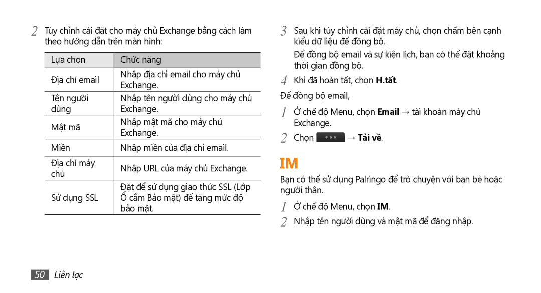 Samsung GT-S8530BAAXXV, GT-S8530ISAXEV, GT-S8530LIAXXV, GT-S8530BAAXEV, GT-S8530BAAXSA, GT-S8530LIAXEV manual 50 Liên lạc 