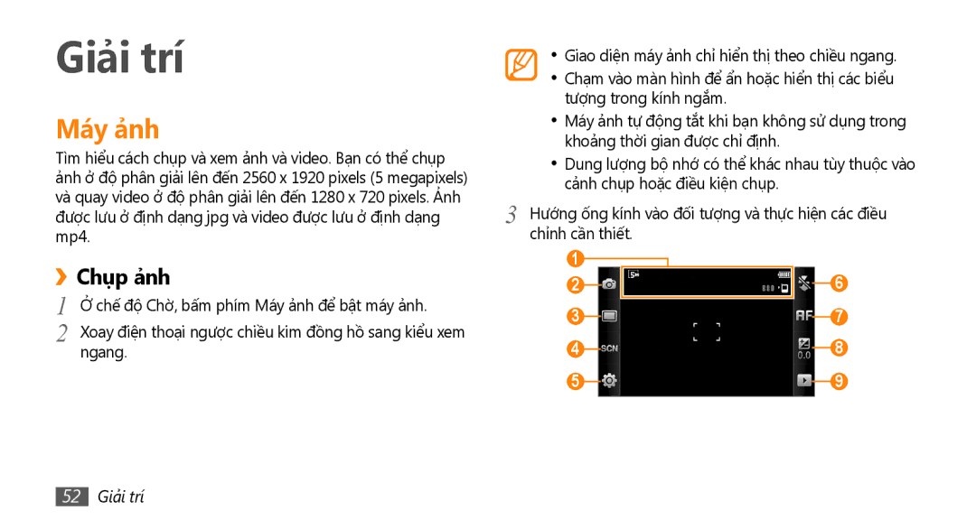 Samsung GT-S8530ISAXXV manual Giả̉i trí, Máy ả̉nh, Chup ả̉nh, Chế độ Chờ, bấm phím Máy ảnh để bật máy ảnh, 52 Giải trí 