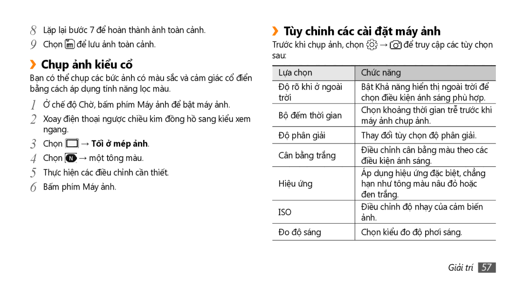 Samsung GT-S8530LIAXEV, GT-S8530ISAXEV manual ››Chụp ả̉nh kiểu cổ, ››Tùy chỉnh các cài đặt máy ả̉nh, → Tối ơ mep ảnh 