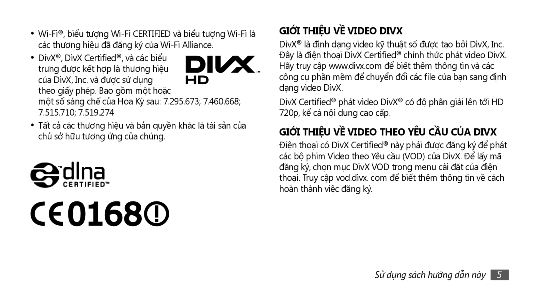 Samsung GT-S8530BAAXXV, GT-S8530ISAXEV, GT-S8530LIAXXV, GT-S8530BAAXEV, GT-S8530BAAXSA manual Giới Thiệu VỀ Video Divx 