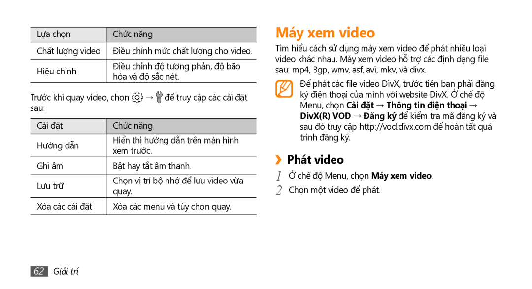 Samsung GT-S8530ISAXEV, GT-S8530LIAXXV manual Máy xem video, ››Phát video, Lưa chon Chức năng Chất lượng video, 62 Giải trí 