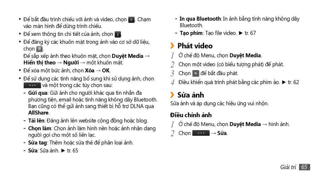 Samsung GT-S8530BAAXSA, GT-S8530ISAXEV, GT-S8530LIAXXV, GT-S8530BAAXEV manual Phát video, ››Sửa ả̉nh, Điều chỉnh ả̉nh, → Sửa 