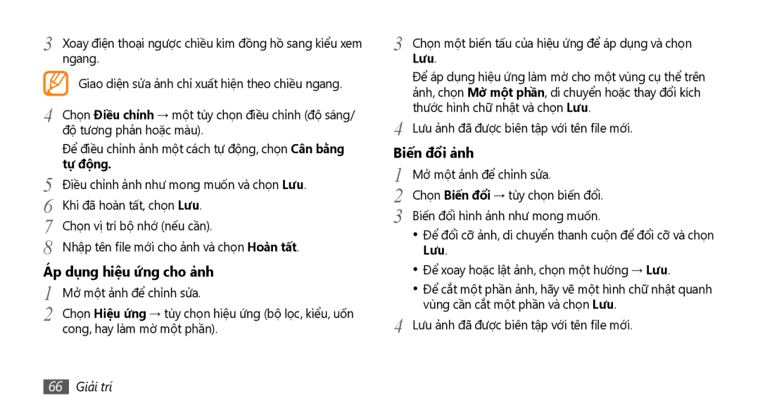 Samsung GT-S8530LIAXEV, GT-S8530ISAXEV manual Áp dụng hiệ̣u ứ́ng cho ả̉nh, Biế́n đổi ả̉nh, Tự động, Lưu, 66 Giải trí 