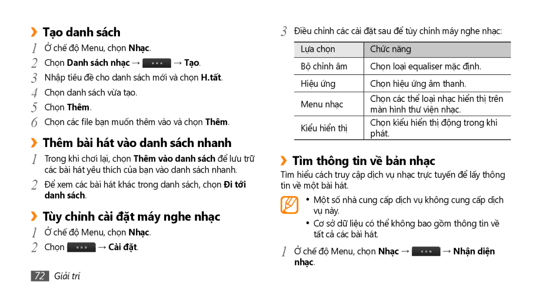 Samsung GT-S8530LIAXXV, GT-S8530ISAXEV Tạo danh sách, Thêm bài hát vào danh sách nhanh, Tùy chỉnh cài đặt máy nghe nhạc 