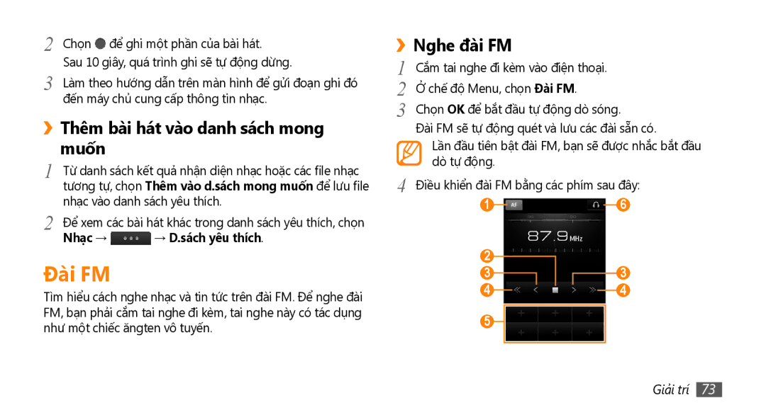 Samsung GT-S8530BAAXEV manual Đài FM, Thêm bài hát vào danh sách mong, Muố́n, Nghe đài FM, Nhạc → → D.sách yêu thích 