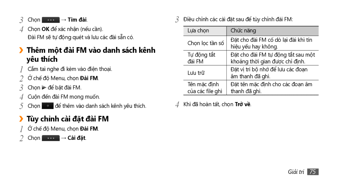 Samsung GT-S8530LIAXEV manual ››Thêm một đài FM vào danh sách kênh yêu thích, ››Tùy chỉnh cài đặt đài FM, → Tìm đai 