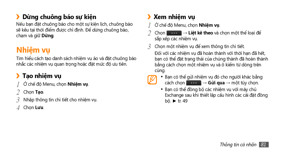 Samsung GT-S8530LIAXXV manual ››Dừng chuông báo sự kiệ̣n, Tạo nhiệ̣m vụ, Xem nhiệ̣m vụ, Chế độ Menu, chọn Nhiệ̣m vụ 