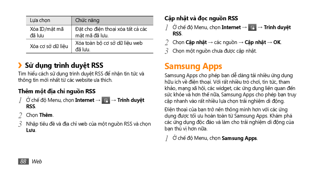 Samsung GT-S8530ISAXXV Samsung Apps, ››Sử dụng trì̀nh duyệ̣t RSS, Thêm một địa chỉ nguồn RSS, Cập nhật và đọc nguồn RSS 