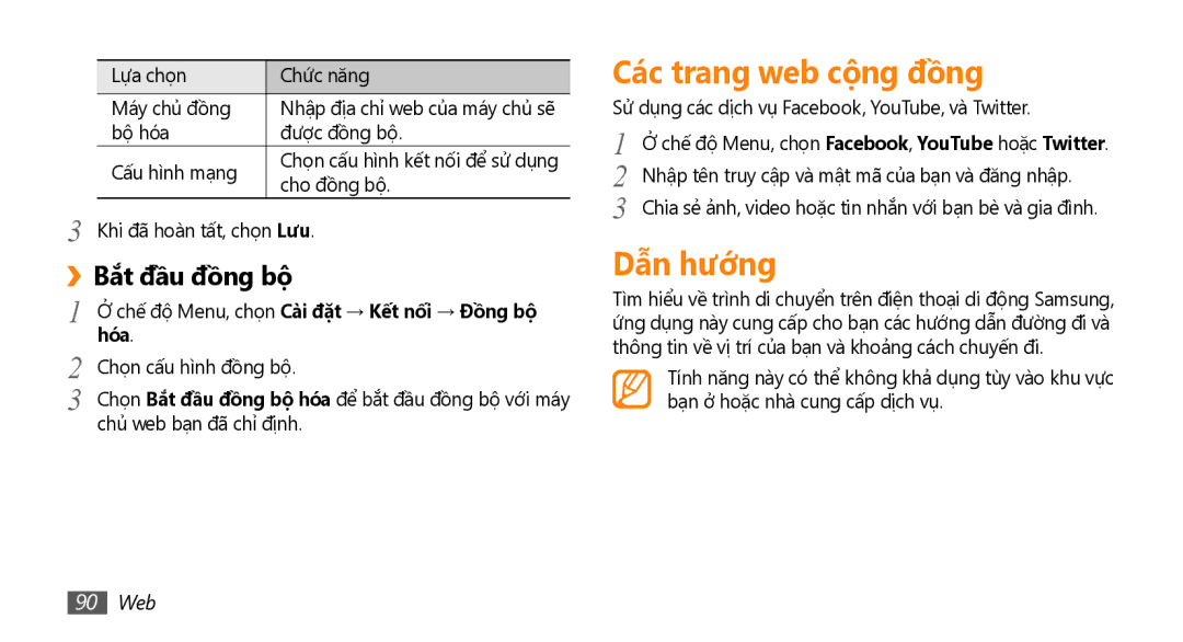 Samsung GT-S8530LIAXXV, GT-S8530ISAXEV, GT-S8530BAAXEV manual Các trang web cộng đồng, Dẫn hướng, Bắt đầu đồng bộ, 90 Web 