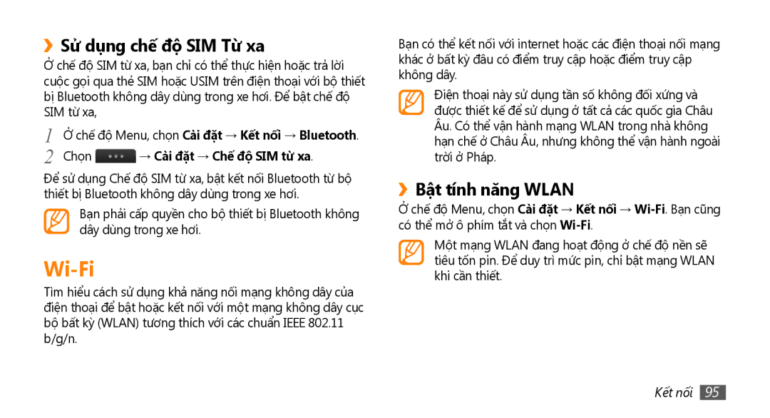 Samsung GT-S8530BAAXXV manual Wi-Fi, ››Sử dụng chế́ độ SIM Từ xa, ››Bật tính năng Wlan, Chọn → Cài đặt → Chế đô SIM tư xa 