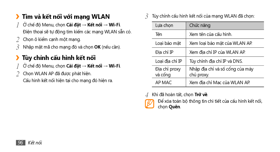 Samsung GT-S8530HKAXEV manual Tì̀m và kế́t nố́i với mạng Wlan, Tùy chỉnh cấu hì̀nh kế́t nố́i, Xem địa chỉ Mac của Wlan AP 