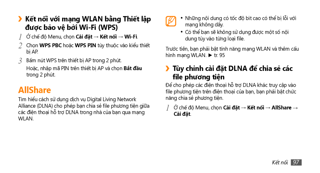 Samsung GT-S8530ISAXXV, GT-S8530ISAXEV manual AllShare, ››Tùy chỉnh cài đặt Dlna để chia sẻ các file phương tiệ̣n, Cài đặt 