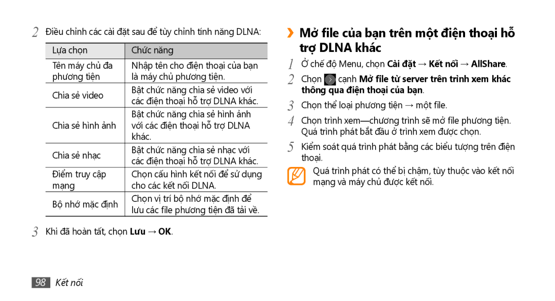 Samsung GT-S8530ISAXEV ››Mở file của bạn trên một điệ̣n thoại hỗ trợ Dlna khác, Thông qua điện thoai cua ban, 98 Kết nối 