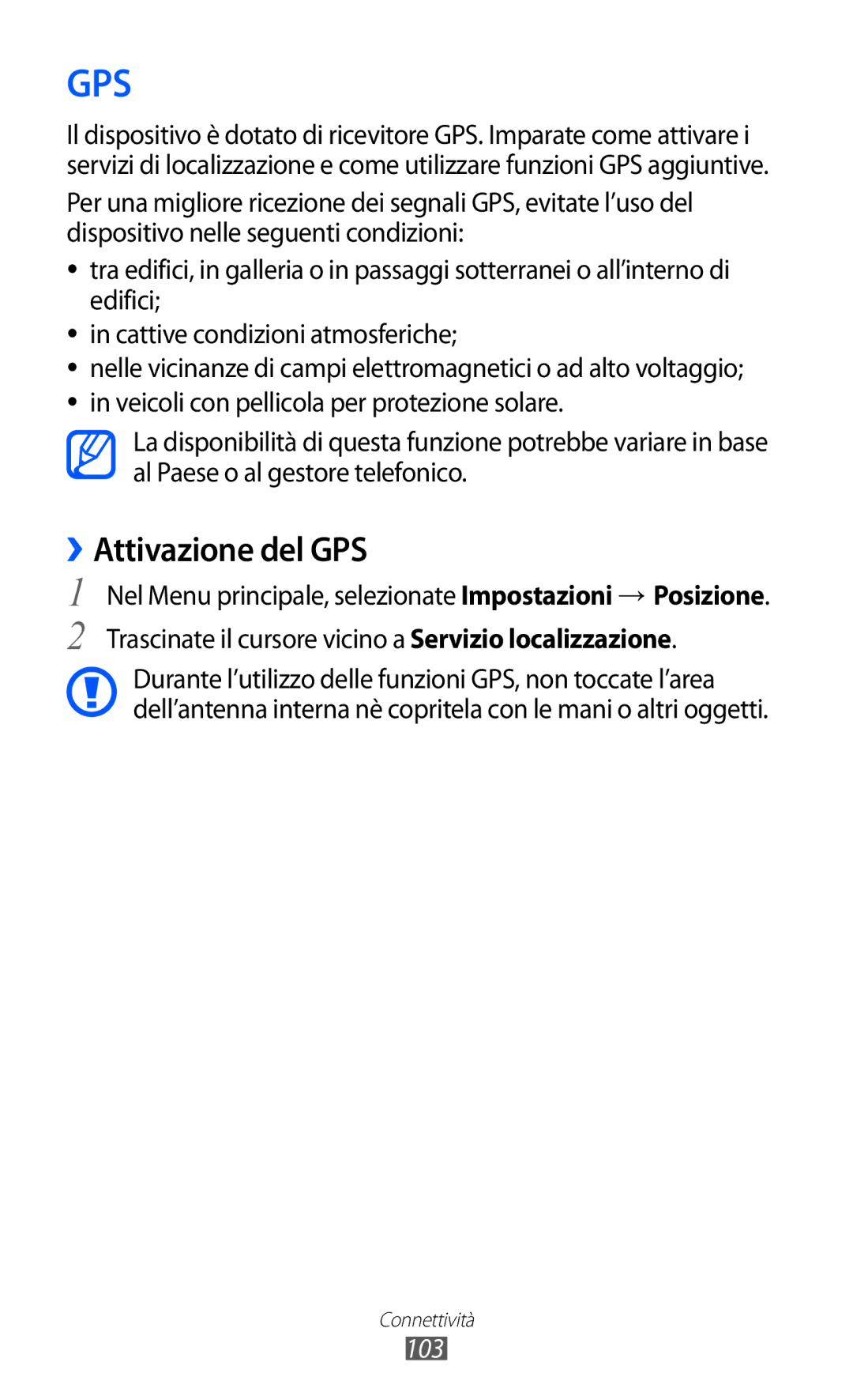 Samsung GT-S8600HKATIM, GT-S8600HKAITV, GT-S8600WSAITV manual ››Attivazione del GPS, 103 